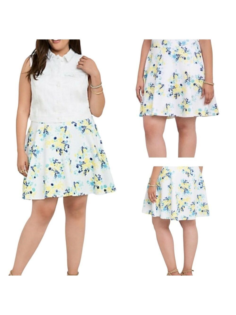 Torrid Floral Skater Skirt Size 3 Bloomcore Mini Stretch White Yellow